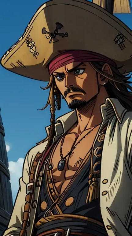 (jack sparrow), (extremely detailed CG unit 8k wallpaper),(master part), (best quality), (ultra detail), (best illustration),(One Piece Style), cowboy shot, (Sharp eyeliner, ombre, detailed eyes:1),
pirates_of_the_caribbean background, break , upper body