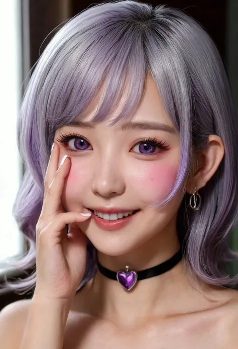 One Girl,heart-shaped pupils,nail,Put your hands on your face,Gray Hair,Purple eyes,(blush:1.1),choker,Upper Body,trembling,Sweat,Sweatdrop,heart,(Speed Line:1.1),Mid-chest, ((Heavy breathing:1.3)), like, heart, Happy, smile，Ahegao，Sex，naked，like液，R18，Nipp...