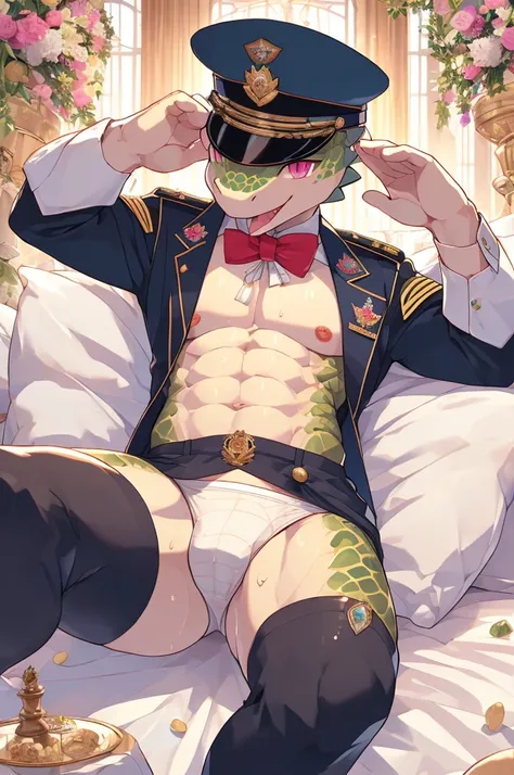 Highest quality、Sexy Baby Lizardman、Skimpy、Pink eyes without highlights、Lizard head、Shota、maleの子、male、Sweat、Embarrassing、Gay、Royal Hotel、cute、Knee-high socks、Frilled Chalk、Obscene language、Showing tongue、toplesagazine cover style illustration、bow tie、salut...