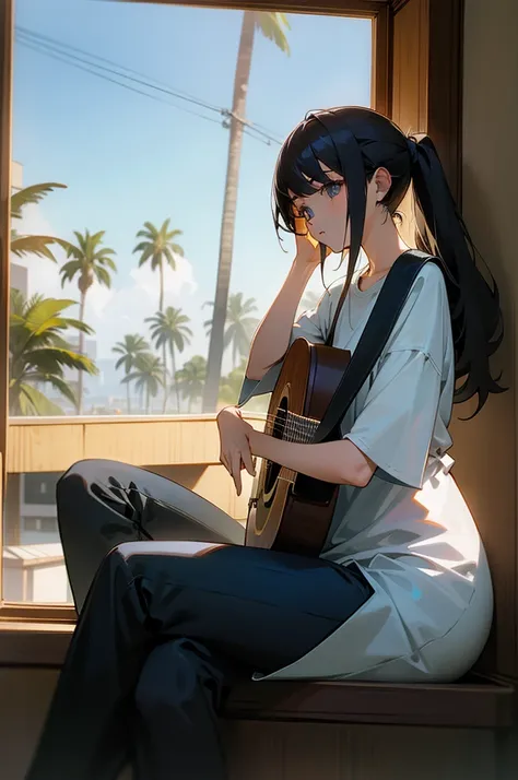 1 girl, sitting down with an acoustic guitar, background inside a house sitting next window that shows LA with palm trees, music album.
