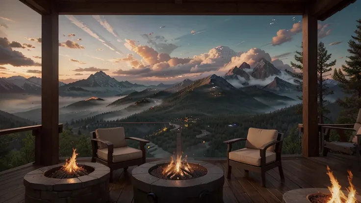 there is a fire pit on a deck with a view of the mountains, a matte painting inspired by Terry Redlin, polycount contest winner, digital art, unreal engine ; romantic theme, warm beautiful scene, unreal 5 engine rendered, unreal 6 breathtaking detailed, un...