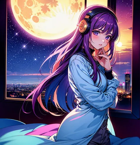 1 girl, 90s anime style, night, Studio Room, moon, Girl wearing headphones, late night room, Listening to music alone, City Pop, low quality, Lo-Fi, Chill, late night, Single room, Dark Room, futuristic night view outside the window, Dark Room,Warm lightin...