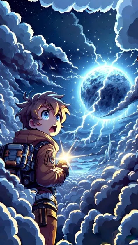 A teenager boy, illuminated by the light of their high-tech device, looks up in shock at the sky where a massive frozen planet hovers. The atmosphere is charged with the intensity of an approaching storm, dark clouds roiling and lightning dancing across th...