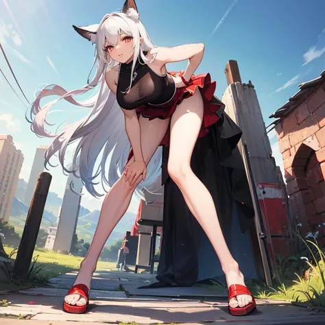 (8k, Realistic, RAW Photos, Highest quality, (from below:2), View your viewers: 1.3), (Fox Girl, Fox Ears, Silver Hair, One Girl, Long Hair, (Alone on the screen, dark skin), High definition:1.6), (Bikini Armor:1.8), (Body measurements are 99-55-77!, Heigh...