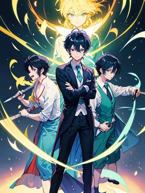 Kaito Ranmas standing picture, solo, a 35-year-old man in a suit, high resolution, high-quality model, black hair, shortcut, standing picture, feet out of the frame, holding a big sword, fluorescent green tie, illustration, anime style, not motivated, fake...