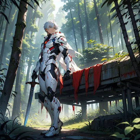 16 year old boy white hair-blue eyes, lying in the jungle watching riba bathed in blood with swords in his legs and chest, with mecha suit, bejetation,forest, calida 200k