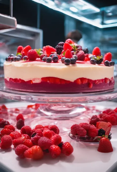 Red fruit cheesecake on a pastry counter; display of berry cheesecake in the confectionery shop; 8k; best photographer in the world; photography for food exhibition; product marketing; delicious cheesecake; maximum reality; perfection from the best confect...