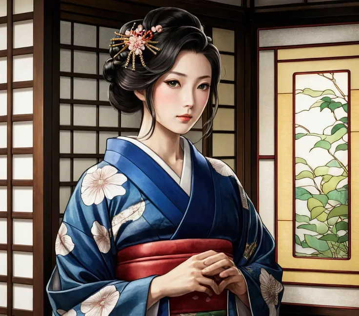 Taisho Romance　kimono　kimono　座って黒いギターを弾いているkimonoの日本人女性　High quality hand-drawn watercolor sketch　Stained Glass Windows　　Beautiful woman, Shadowy, Detailed eyes　Beautiful adult woman　Highest quality　High resolution　Elegant colors　Room in a luxurious old Ja...