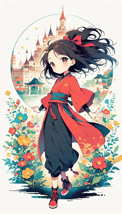 White background, Watase Seizo style, Ninja Assassin, Simple line initials, shining pupils, (((The Most Beautiful Girl))), 18 years old, palace background, vivid colors, whole body, black tone