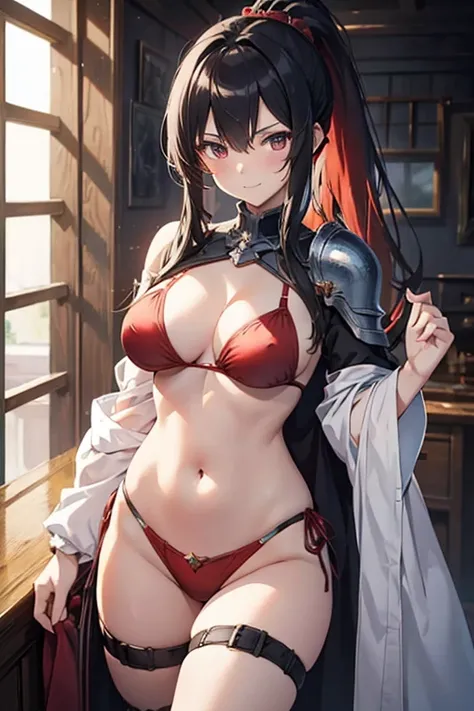 nsfw,8k,Masterpiece,(Red Bikini),A woman wearing separate armor,Mature Woman,28 years old,Bikini Armor, The world of fantasy games set in another world,Sexy anime characters,Slender figure,Cleavage,belly button,ponytail,Black Hair,Long Hair,Shy smile,Flush...