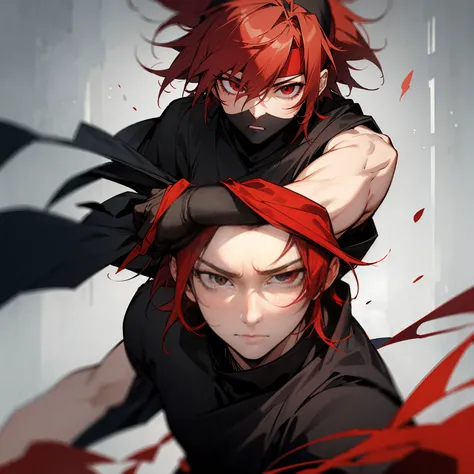 1male , Red Hair , Red Eyes , Ninja Clothing , Black Headband , Messy Hair , Somber Expression