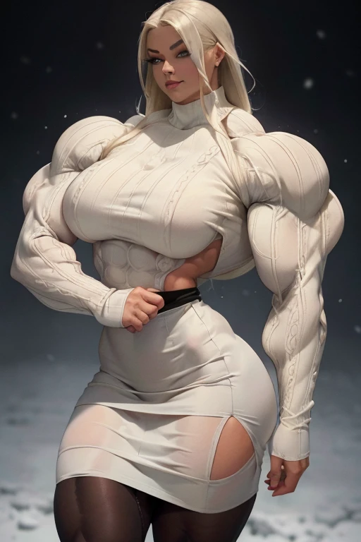 (Close-up), tall, (White hair), beautiful muscular woman, long straight hair, light brown skinned, closed smile, (black lipstick), (massive muscles), (hyper muscle), (ginormous bulky muscles), blue eyes, (((white long sleeve turtleneck sweater dress, white...