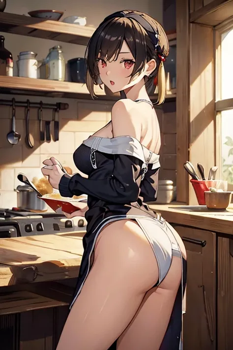 masterpiece, 1girl, Amazing Cleavage:1.3, thin waist, big ass, Raised sexy, medium breast:1.3,posed cleavage:1.2,solo, looking at viewer, open mouth, have a cup of coffee,black hair, red eyes, dress, bare shoulders, jewelry, collarbone, sidelocks, hairband...