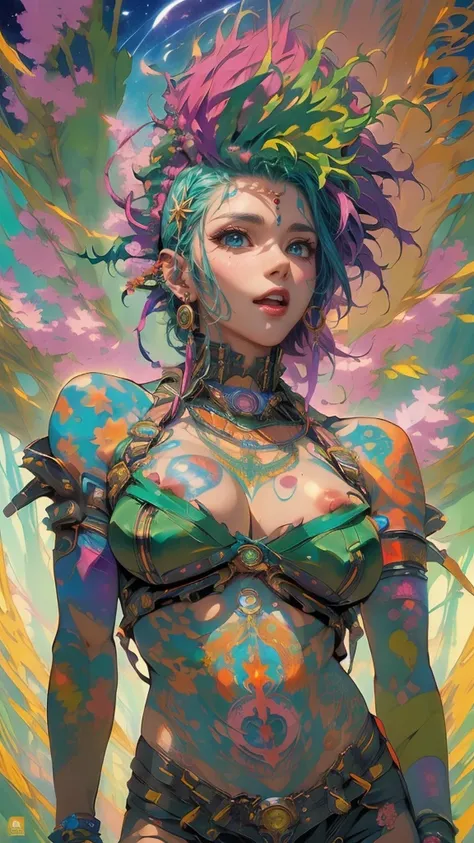 
(NSFW:1.4), (masterpiece, top quality, best quality, official art, beautiful, cosmic, atmospheric, psychedelic, dreamlike and aesthetic:1.2), (1girl, green punk rock mohawk hair, tons of tattoos and piercings, super huge enormously gigantic tits), extreme...