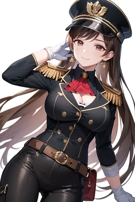 masterpiece, best quality, highres, aanitta, (very long hair), (black peaked cap), earrings, big breasts, cleavage, muscular body, military uniform, epaulettes, badges, (black shirt:1.2), (gold trim), (bulletproof vest), (red ascot), black sleeves, long sl...