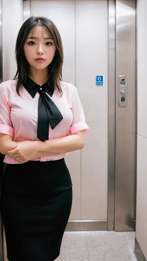 Pink Button Shirt，Black tight mini skirt，Inside the elevator，Selfie