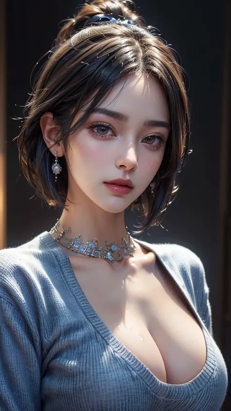 (8K, highest quality, masterpiece:1,2), (realistic, Photoreal:1.37), Super detailed, one girl,), (very detailed), (detailed and beautiful eyes), ((((highly detailed artwork))))、Earrings、((Two-toned hair))、ponytail、(((Inside a stylish secondhand clothing st...