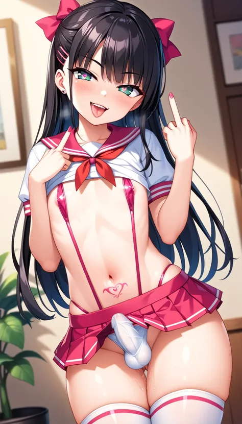 1boy, tidy, futanari, Vulgar underwear, fuck sign, fuck gesture, middle finger, vulgar gesture, sexual gesture, sexual appeal, tattoo, lewd crest, Bulge between the legs, tiny girl, young girl, mesugaki, mesugaki smile, Sailor suits, sling shots, vulgar sw...