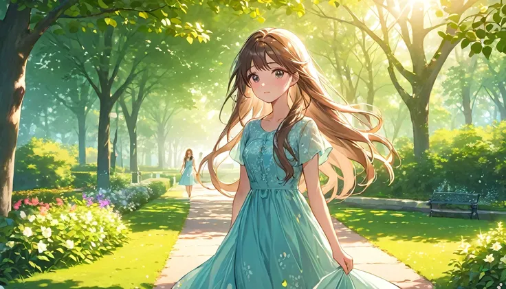 a beautiful girl walking in a park on a sunny day, detailed face, delicate features, long hair, gentle expression, lovely dress, anime style, detailed background, vibrant colors, stunning scenery, lush greenery, beautiful flowers, sunlight filtering throug...