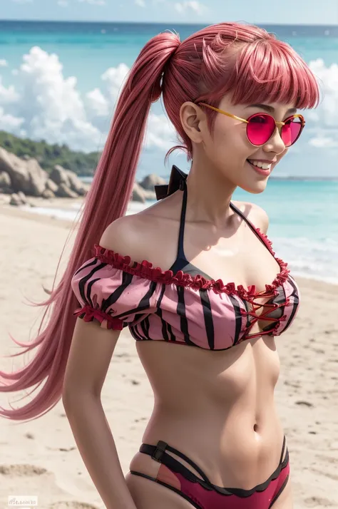 (masterpiece, best quality:1.2), solo, 1girl, hildabikini, smile, looking at viewer, twintails, sunglasses, eyewear on head, pink bikini, off-shoulder bikini, beach, (seductive pose), (sexy pose), cleavage, from behind