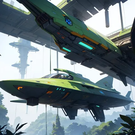 Futuristic elven spaceship hovering over jungle, 