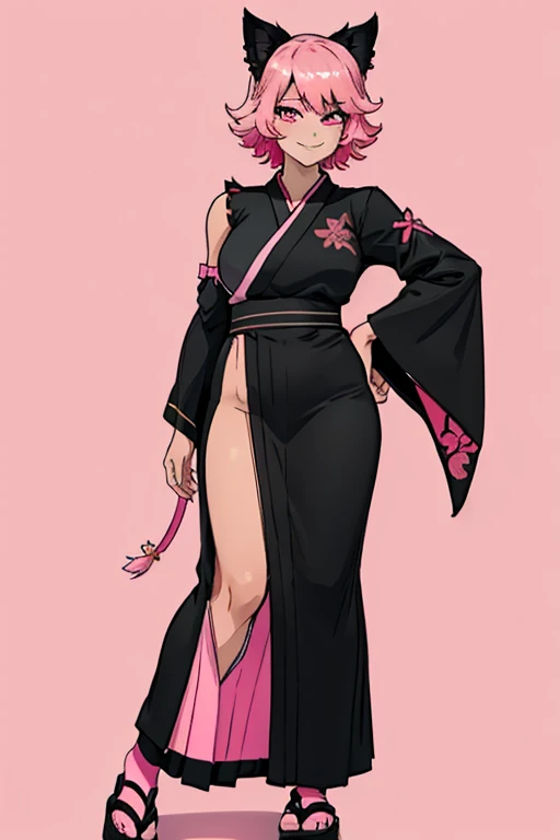 female, pink short hair, red eyes, black cat ears, pink cat tail, (((1girl))), (((pink and black kimono))), (white tabi socks), (black Japanese sandals), cute and sexy, full body, modest breasts, modest butt, long legs, smiling