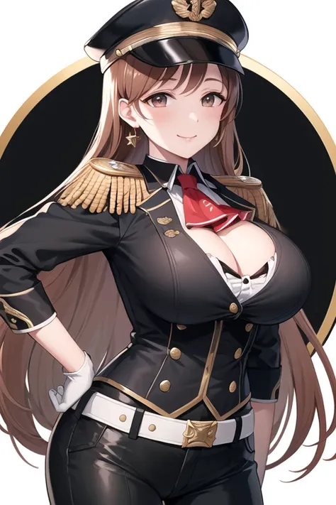 masterpiece, best quality, highres, aanitta, (very long hair), (black peaked cap), earrings, big breasts, cleavage, muscular body, military uniform, epaulettes, badges, (black shirt:1.2), (gold trim), (bulletproof vest), (red ascot), black sleeves, long sl...