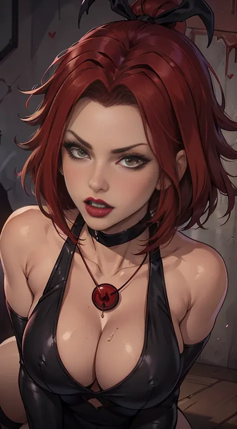 Masterpiece, Best Quality, Photorealistic,  Rayne, Black Dress, vampire fangs, hair ribbons, Average Breasts,, dripping from the mouth,Bloodrayne,