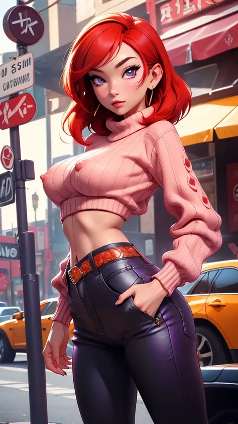 (Masterpiece, Best Quality, High Quality),(NSFW:1.3),Nishikino maki, Red hair, purple eyes, cowboy shot,low waisted pants, tight ,(sweater crop top), (sexy stomach), detailed belly, midriff, big breasts,looking at viewer,  earrings,in street