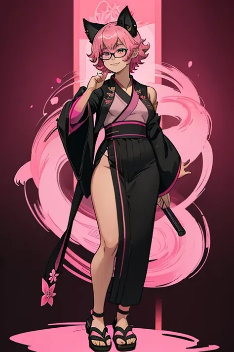 female, pink short hair, red eyes, black cat ears, pink cat tail, (((1girl))), (((pink and black kimono))), (black Japanese sandals), (pink tinted glasses), cute and sexy, full body, modest breasts, long legs, smiling