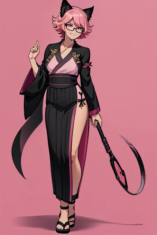 female, pink short hair, red eyes, black cat ears, pink cat tail, (((1girl))), (((pink and black kimono))), (black Japanese sandals), (pink tinted glasses), cute and sexy, full body, modest breasts, long legs, smiling