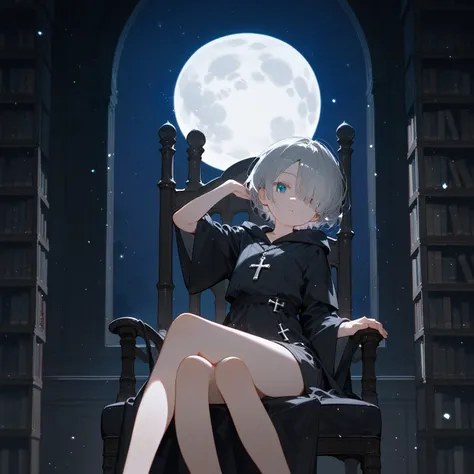 1Young girl，Beautiful light and shadow，Gray short hair，Bangs cover one eye，Gray Eyes，night，moon，Light Particles，sit down，Classical chair，Cross your legs，Gray Eyes，Black wizard robe，Small bookshelf