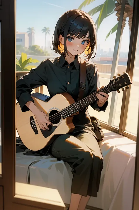 1 girl, sitting down with an acoustic guitar, background inside a house sitting behind a window that shows LA with palm trees, she is facing towards you, looking towards you, with a big smile,
