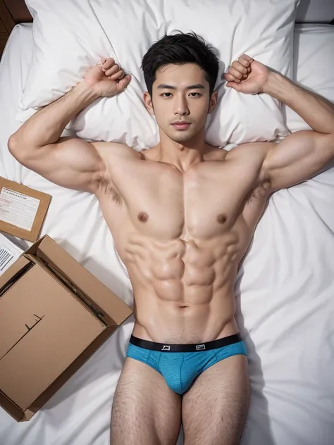 Arafed man in a briefs, handsome man, handsome guy, handsome arafed man, Full Body Shoot, male underwear, briefs, portrait, detailed facial parts, Manly, Charmer, Active Boy, sleeping, sleeping on bed, lie down, legs opened, harness, eyes closed, mouth ope...