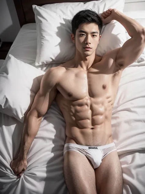 Arafed man in a briefs, handsome man, handsome guy, handsome arafed man, Full Body Shoot, male underwear, briefs, portrait, detailed facial parts, Manly, Charmer, Active Boy, sleeping, sleeping on bed, lie down, legs opened, harness, eyes closed, mouth ope...