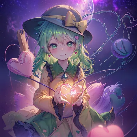 (((((east、koishi komeiji、make a third eye heart、close-up　galaxy background、shine)))))　((((falling from the sky　green hair　lots o...