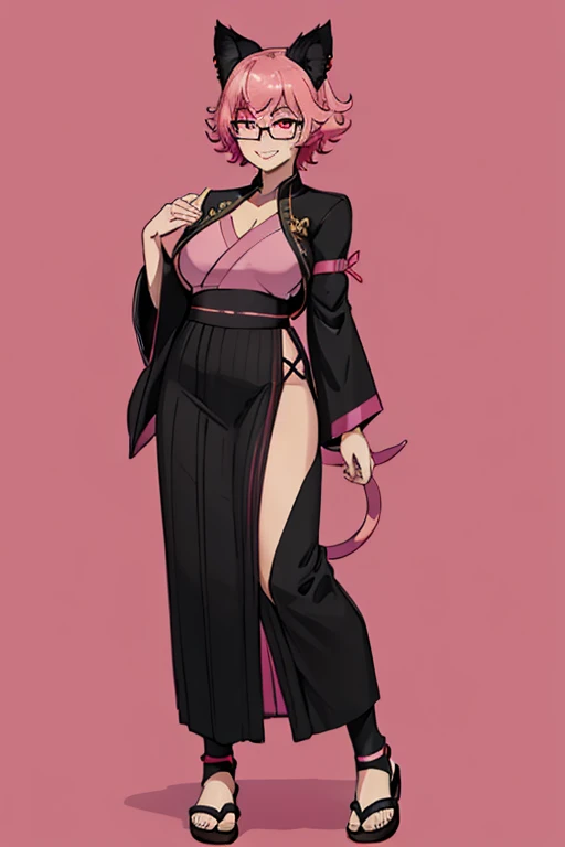 female, pink short hair, red eyes, black cat ears, pink cat tail, (((1girl))), (((pink and black kimono))), (black Japanese sandals), (pink tinted glasses), cute and sexy, full body, modest breasts, long legs, smiling