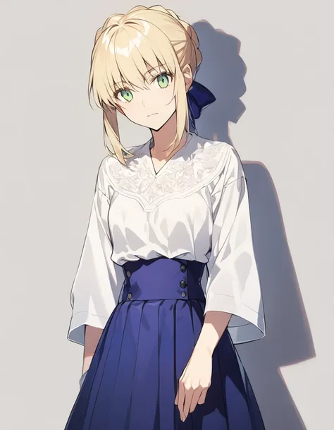 fate stay night, artoria pendragon(blond hair, chignon hair, light green eyes, white blouse, blue skirt)