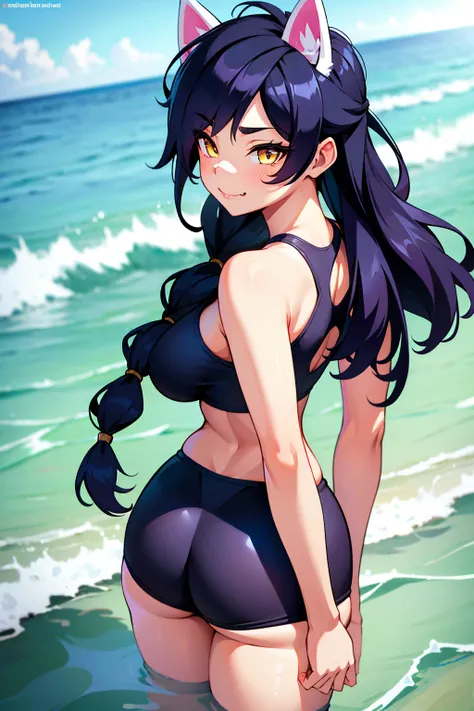 Erisa, 1girl, solo, long hair, looking at viewer, black hair, bandaid on face, yellow eyes, animal ears, smile, bandaid on nose, braid, cat ears, bandaid, bangs, breasts, fake animal ears, simple background, fang, bare shoulders, scar, bare shoulders, clos...