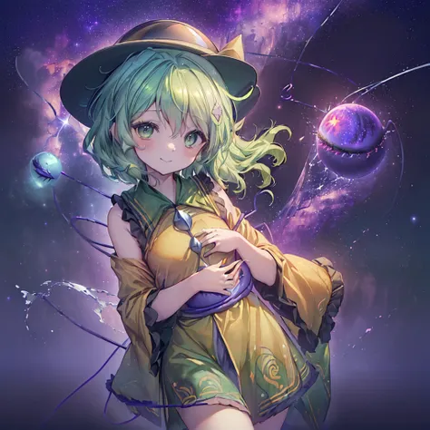 (((((east、koishi komeiji、third eye　close　galaxy background、shine)))))　((((swaying in the wind　green hair　目をclose))))　(((smile　pl...