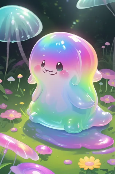 cute cartoon style claymation of an adorable pastel rainbow colored jelly slime character waving, sitting on grass as the sun se...