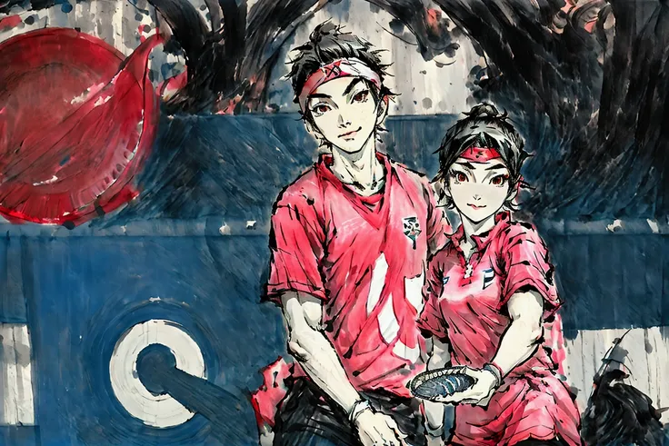 a tomboy girl with short hair and a boy with a headband?，delicate face，wearing red t-shirt sportswear，black sports shorts，hand h...