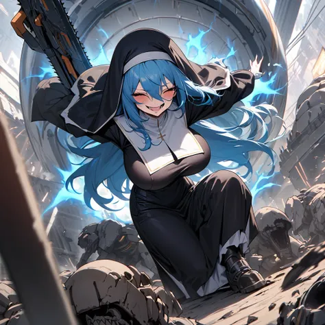 Top quality, masterpiece, high resolution, evil nun, Blue long hair, Close ~ eyes,Big Breasts,crazy smile, Sinister: A huge, spark-spraying electric chainsaw, evil aura effects, ferocious stomping on the remains of a huge mechanical weapon A nun inside a g...