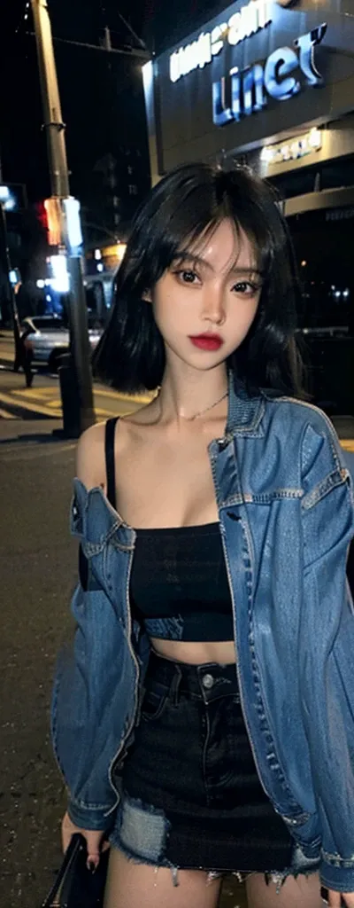 City at night，A woman with a perfect figure wearing a blue denim bomber jacket，Black tube top，Blue denim miniskirt，Black high heels，Close-up shot of posing，Full body close-up，Highly detailed face and skin textures，Detailed eyes，Double eyelids，Full body clo...