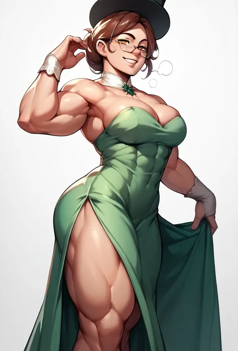 Muscular,women,female,top hat,brown hair,yellow eyes,elegant Green dress,long dress,Glasses,an exposed leg,smile ,solo,breasts,,dock,bay,(Hypermuscle:1.2)