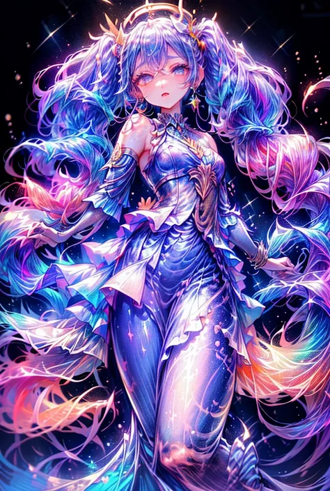 ((best quality)), ((masterpiece)), (detailed), mona from genshin impact has long, dark purple twin-tails, iridescent eyes. she e...