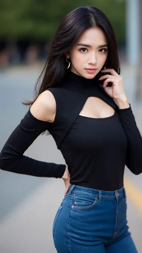 background is New York,street, 1 girl, beautiful korean girl, big eyes, wearing tight black dress(turtle neck,simple,long sleeves), black long boots, shy smile, solo, beautiful and detailed eyes, dark eyes, big breasts, calm expression, delicate facial fea...