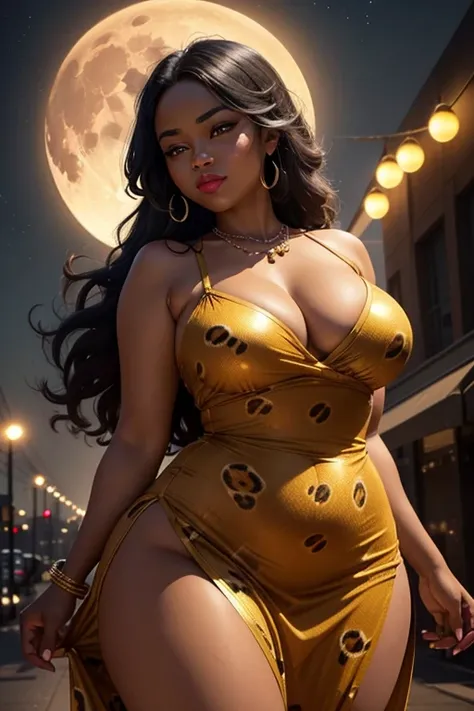 Woman with dark skin, a little overweight, breasts small, dazzling, wearing a spaghetti-strap leopard dress that reaches mid-thigh height. look that conveys strength, full lips with red lipstick and a slight smile. Background of a single full moon that fil...