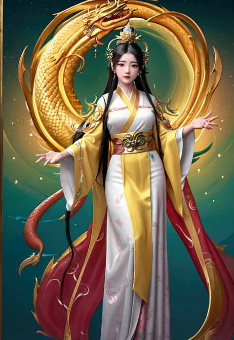 a painting of a woman in a yellow robe and a dragon, guanyin of the southern seas, guanyin, ancient chinese goddess, bodhisattva, white haired deity, goddess of wisdom, goddess of love and peace, queen of the sea mu yanling, contented female bodhisattva, p...