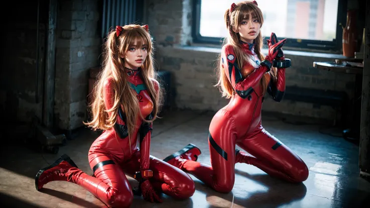 best quality, masterpiece, realistic, photorealistic, 1girl, solo, looking at viewer, full body, kneeling, long hair, asuka cosplay costume, cosplay, plugsuit, bodysuit, hair ornament, simple background, 